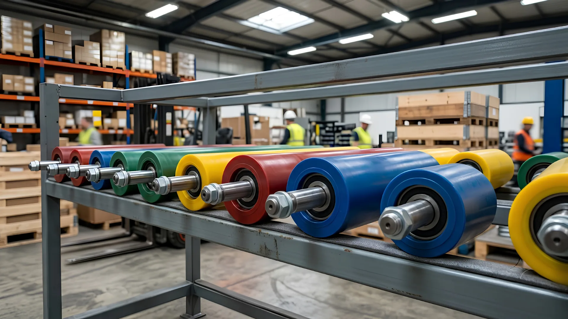 Lineup of coloured industrial polyurethane rollers in various hardnesses